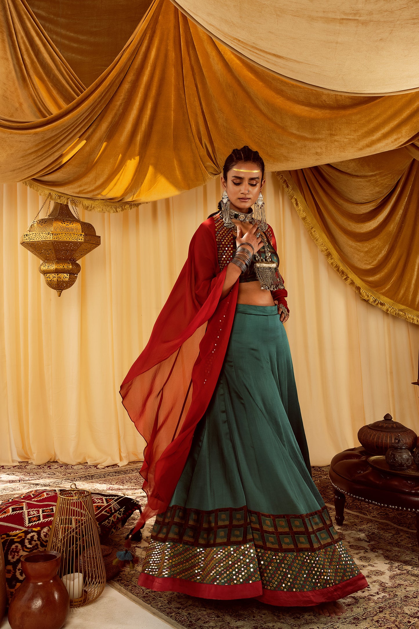 teal mirror work lehenga choli