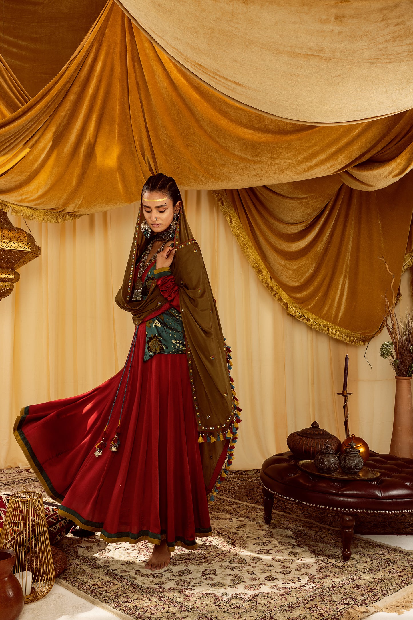 Rust Anarkali with waist coat