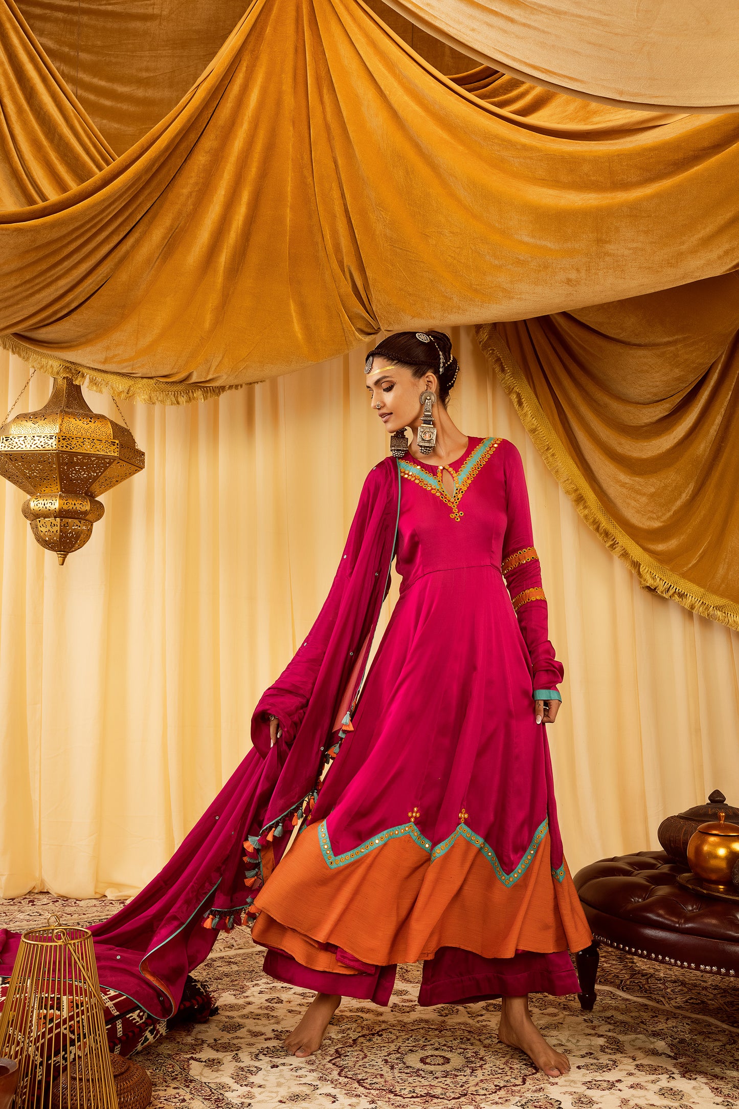 pink anarkali suit with mirror work