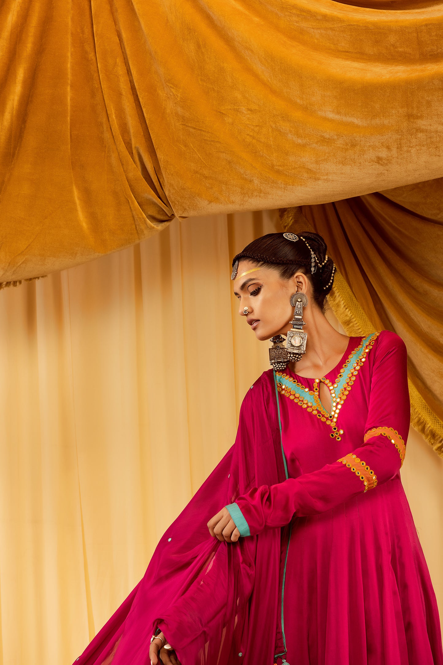 pink anarkali suit with mirror work