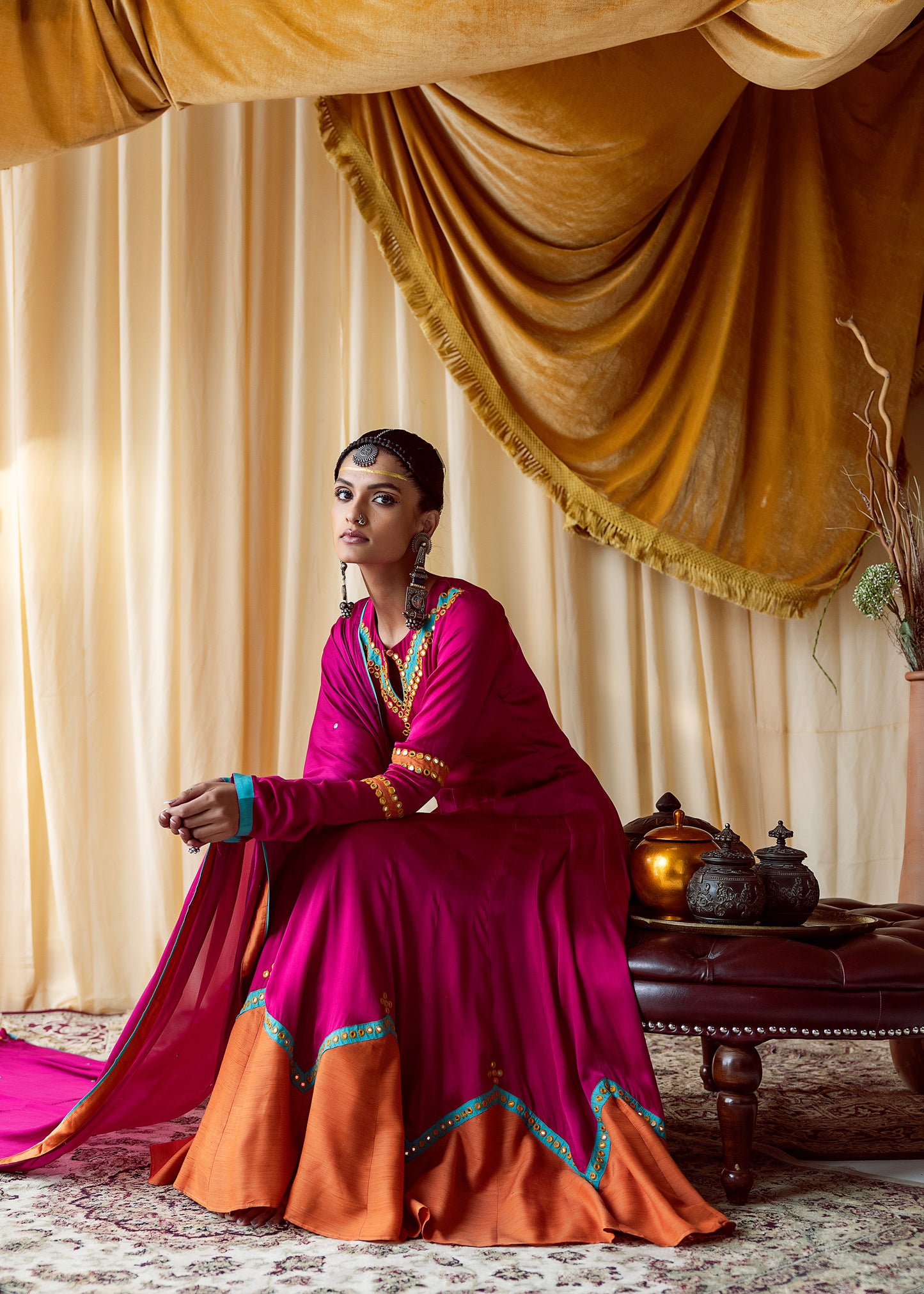 pink anarkali suit with mirror work