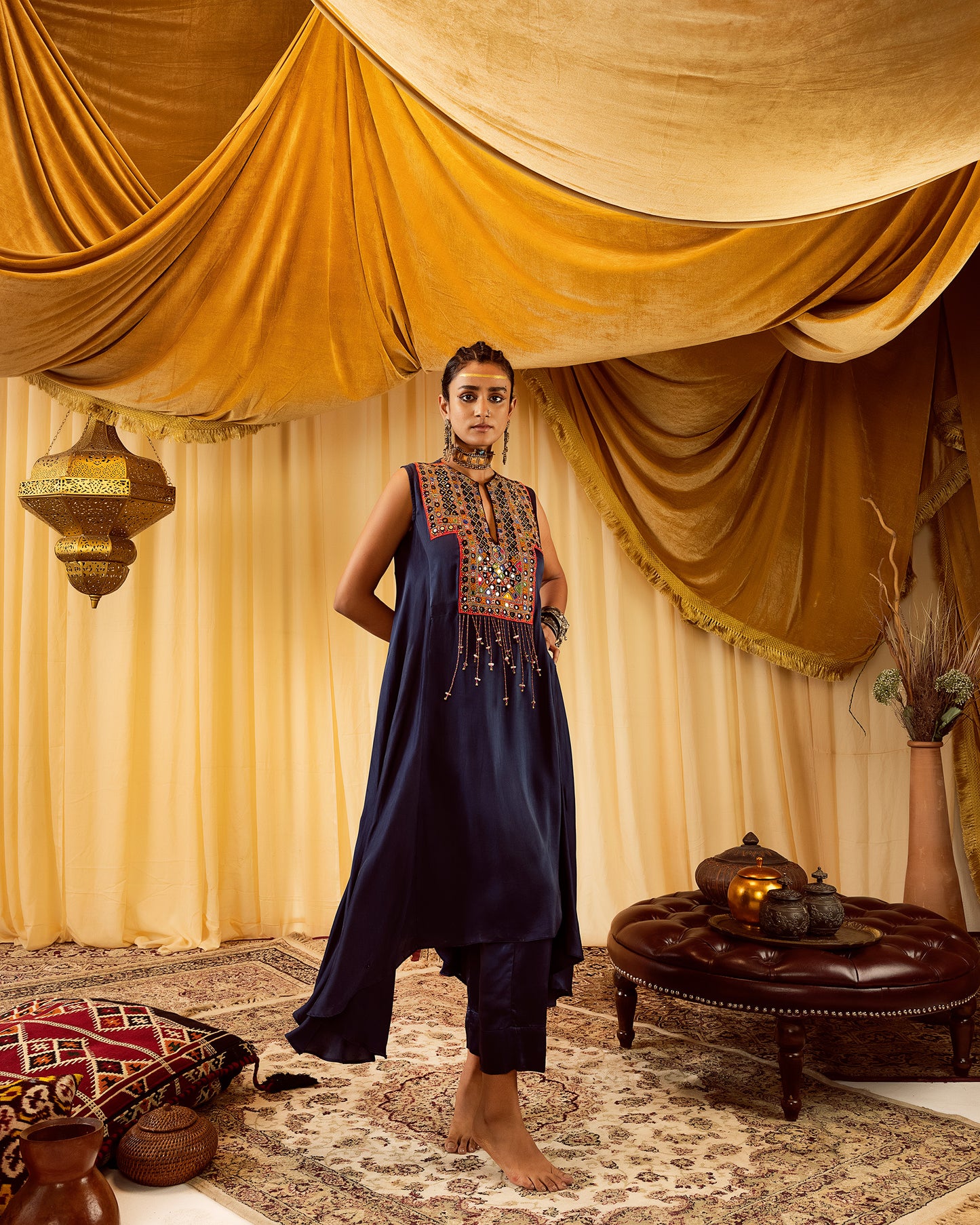 Dark blue asymmetrical kurta with pants