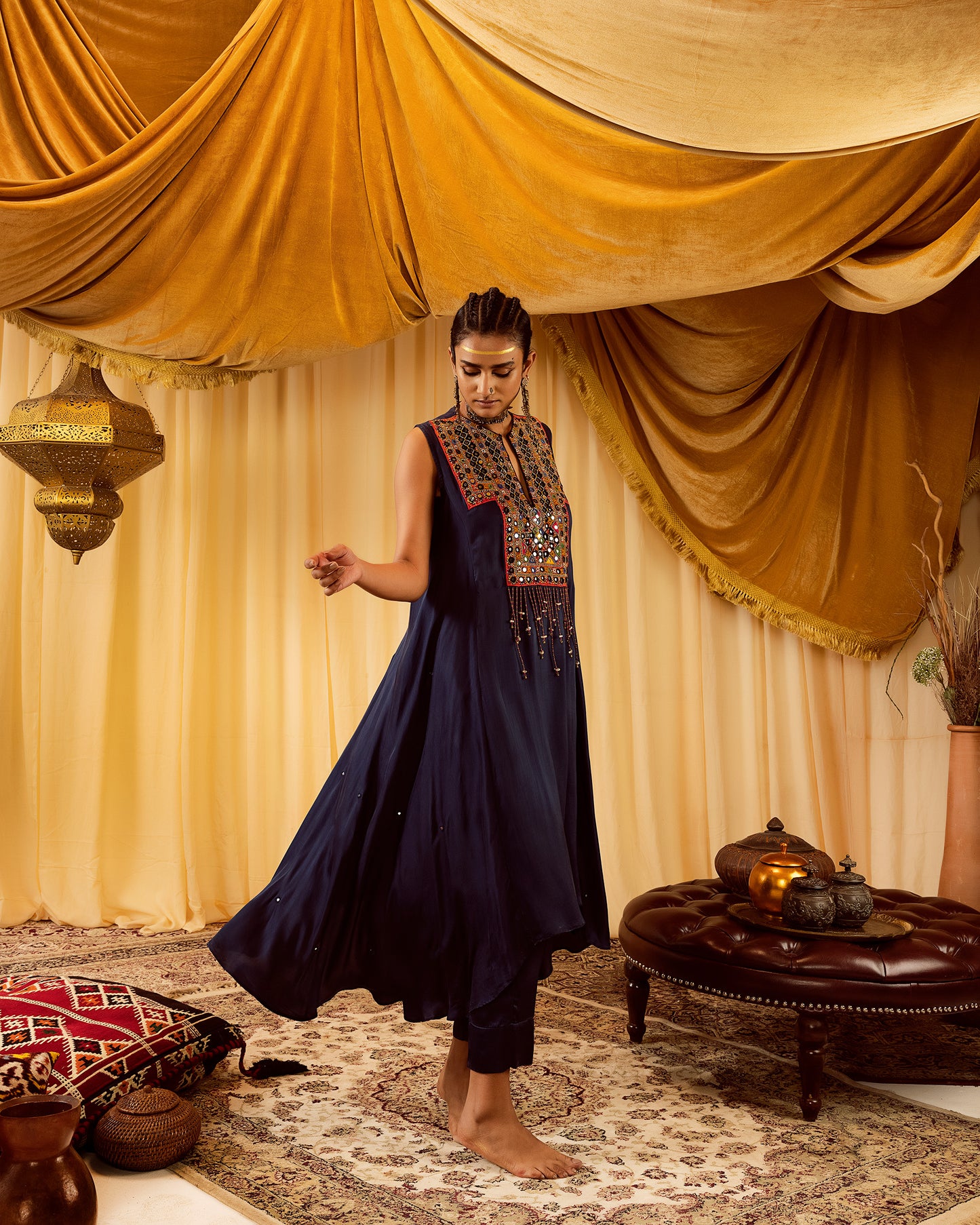 Dark blue asymmetrical kurta with pants