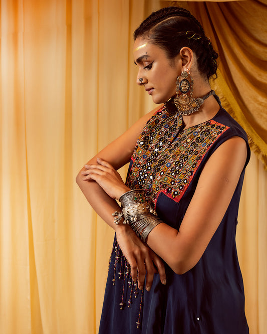 Dark blue asymmetrical kurta with pants