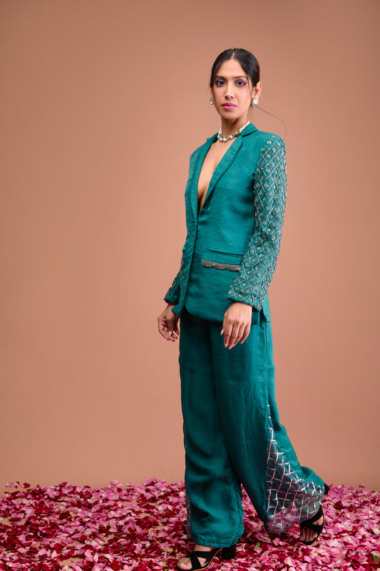 Turquoise Blue Organza jamdani indowestern blazer set