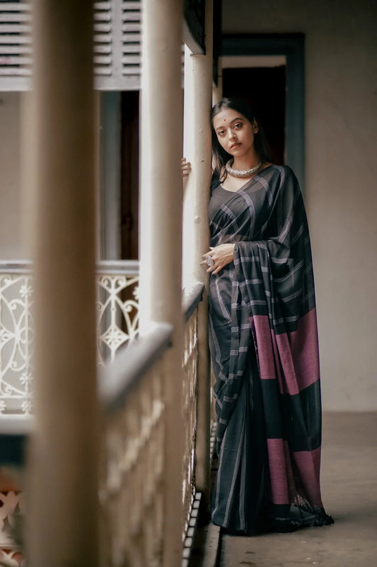 Handloom Black Mulmul Saree with Stripes & Wine Pallu