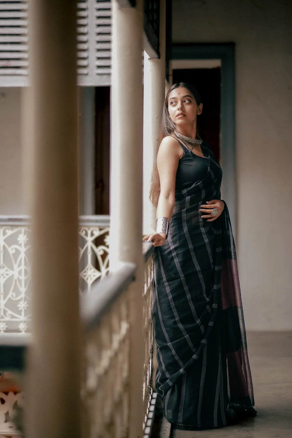 Handloom Black Mulmul Saree with Stripes & Wine Pallu