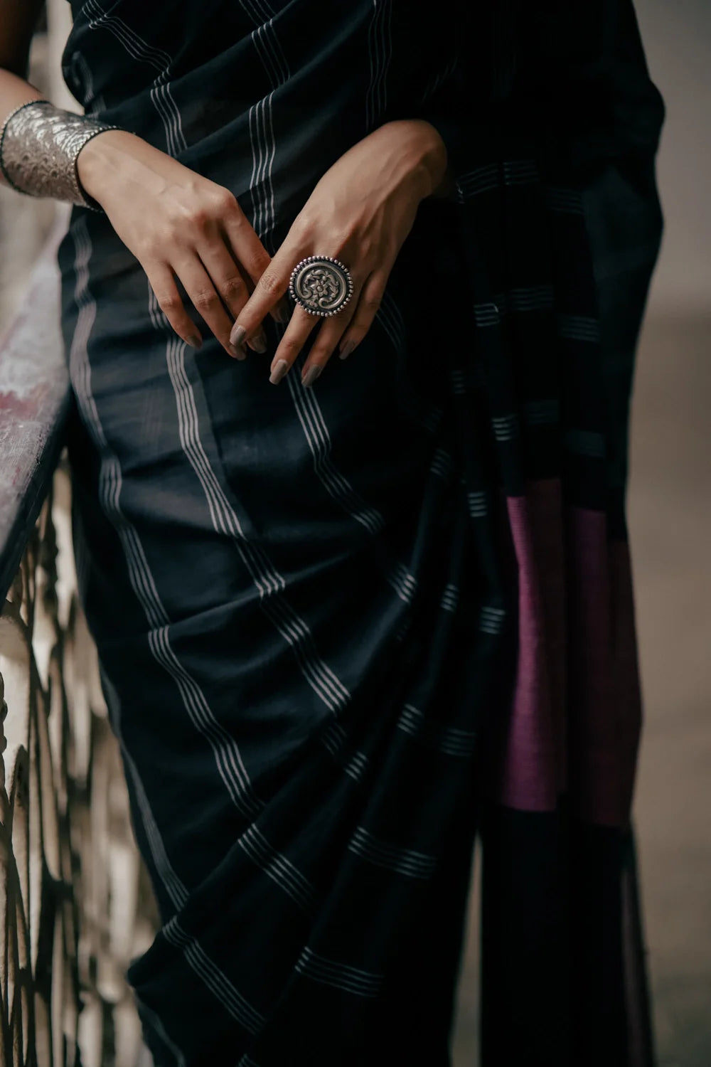 Handloom Black Mulmul Saree with Stripes & Wine Pallu