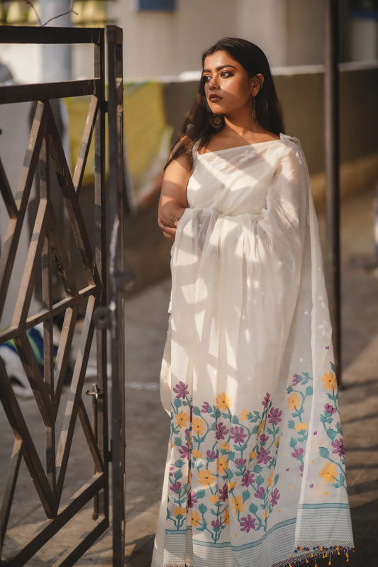 Handloom White Soft Cotton  Jamdani Saree With Multi Colour Floral Weave Pallu