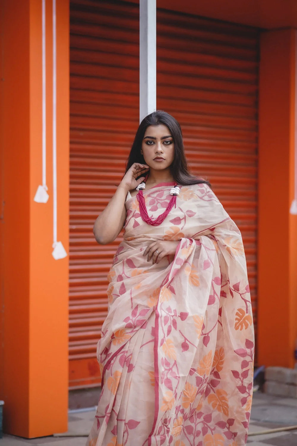 Handloom Orange & Red Pure Cotton Jamdani Saree