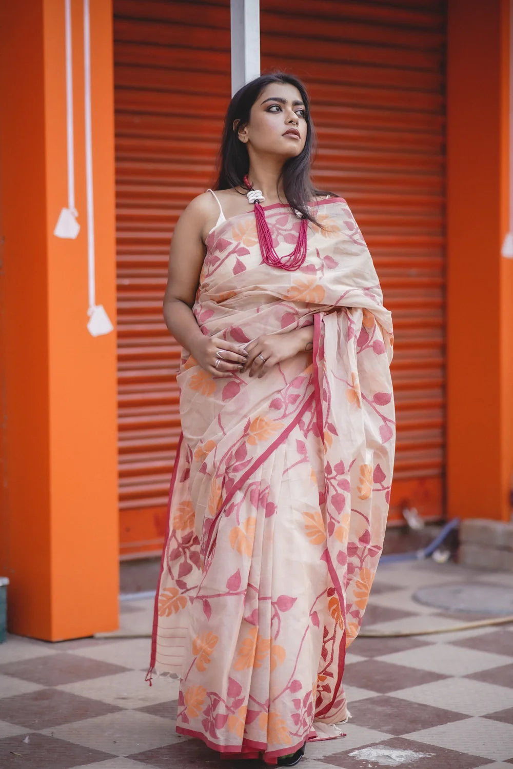 Handloom Orange & Red Pure Cotton Jamdani Saree