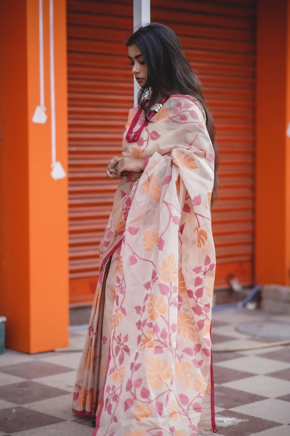 Handloom Orange & Red Pure Cotton Jamdani Saree