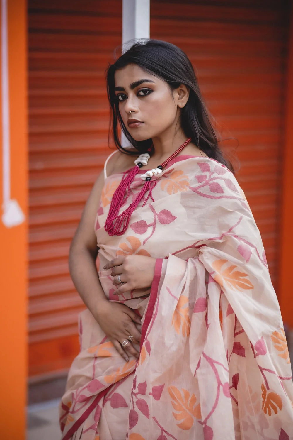 Handloom Orange & Red Pure Cotton Jamdani Saree