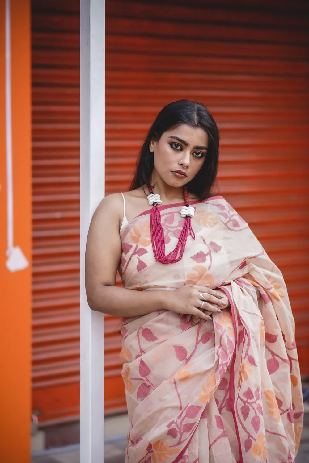 Handloom Orange & Red Pure Cotton Jamdani Saree