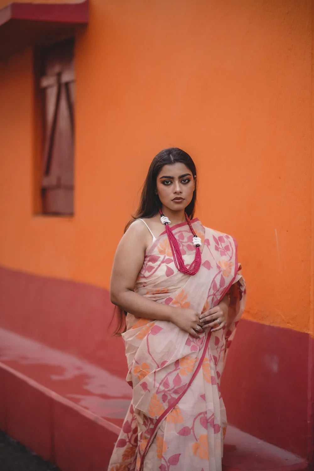 Handloom Orange & Red Pure Cotton Jamdani Saree