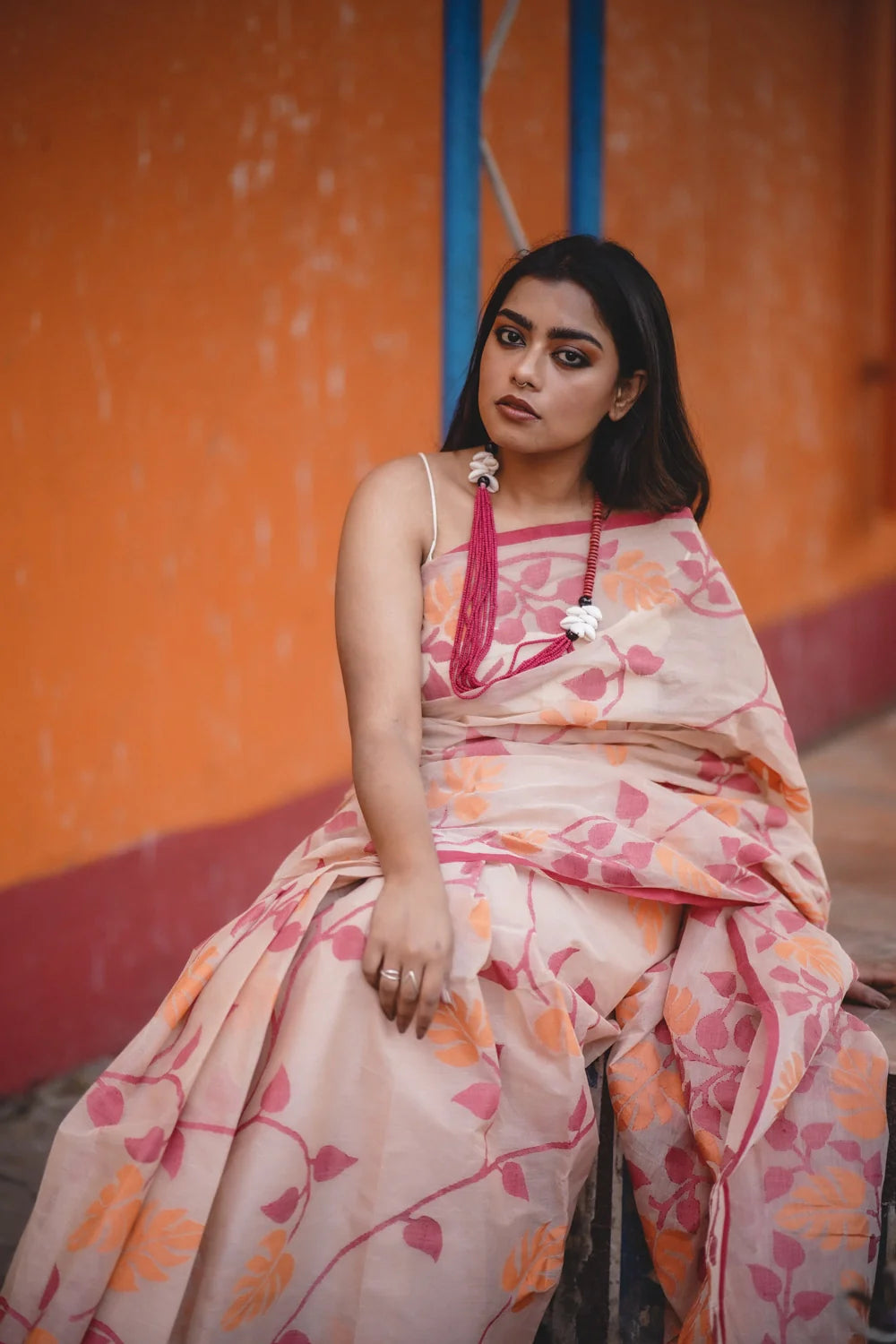 Handloom Orange & Red Pure Cotton Jamdani Saree