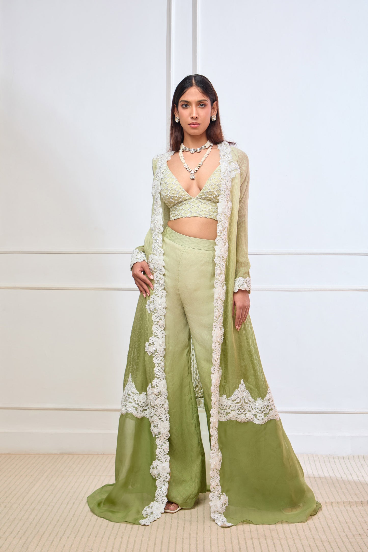 Limegreen Organza jamdani three piece Co-ord jacket set