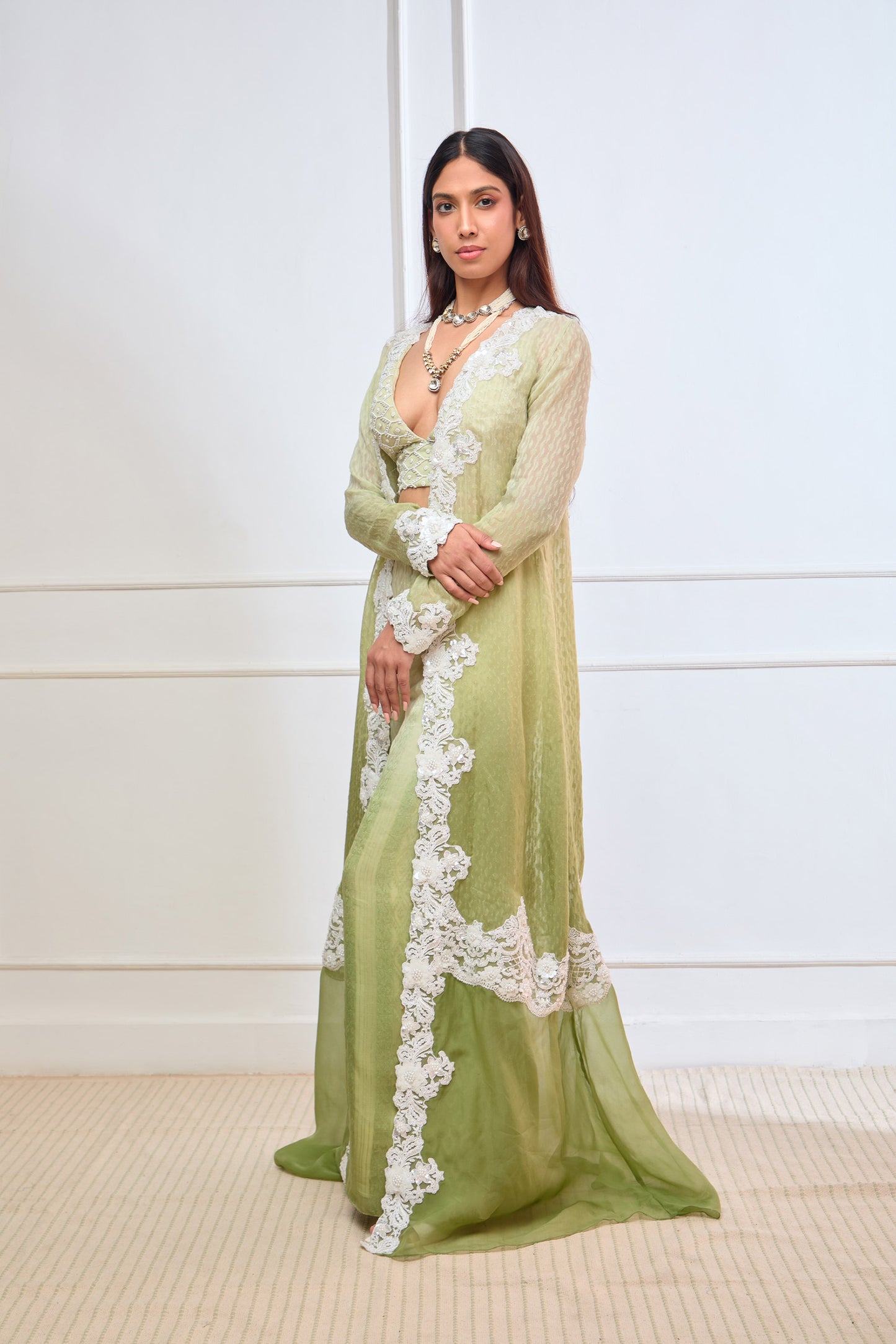 Limegreen Organza jamdani three piece Co-ord jacket set