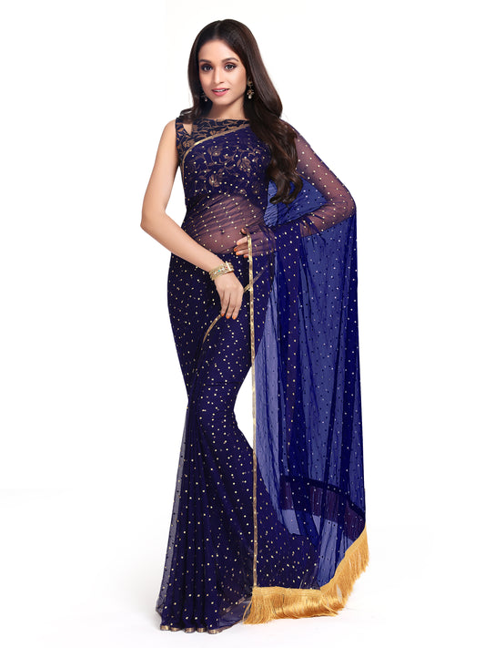 Blue Mukaish Embellished Saree With Jacquard Blouse