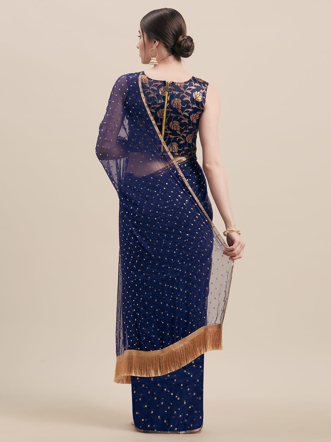 Blue Mukaish Embellished Saree With Jacquard Blouse