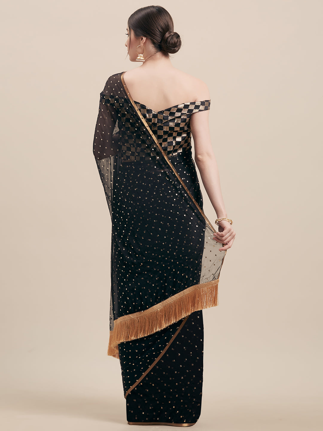 Black Mukaish Embellished Saree With Jacquard Blouse