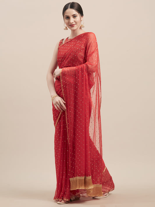 Red Mukaish Embellished Saree With Jacquard Blouse