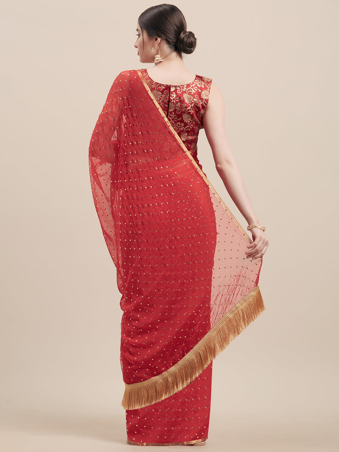 Red Mukaish Embellished Saree With Jacquard Blouse