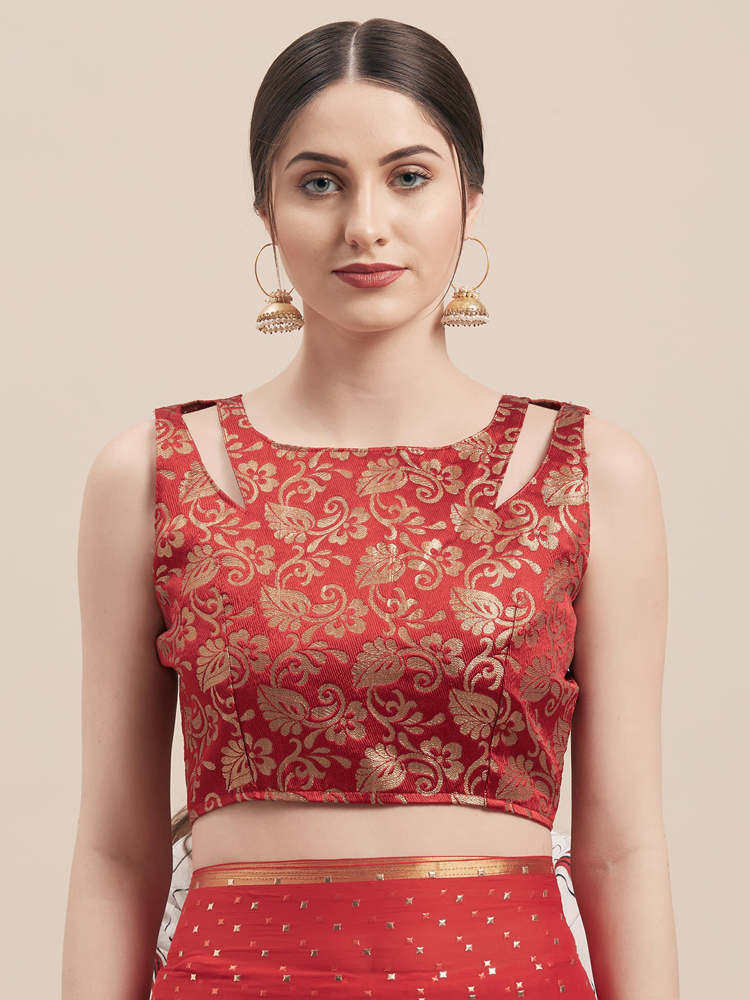 Red Mukaish Embellished Saree With Jacquard Blouse