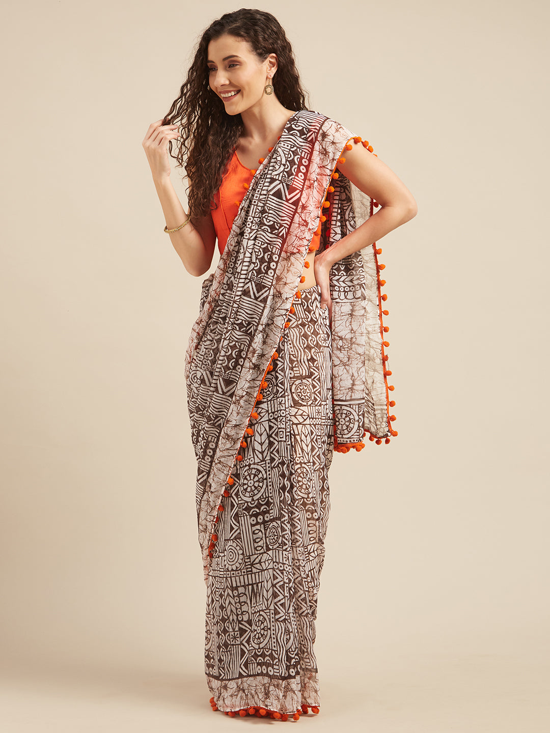 Brown & White Poly Georgette Batik Print Saree With Pom Pom Lace