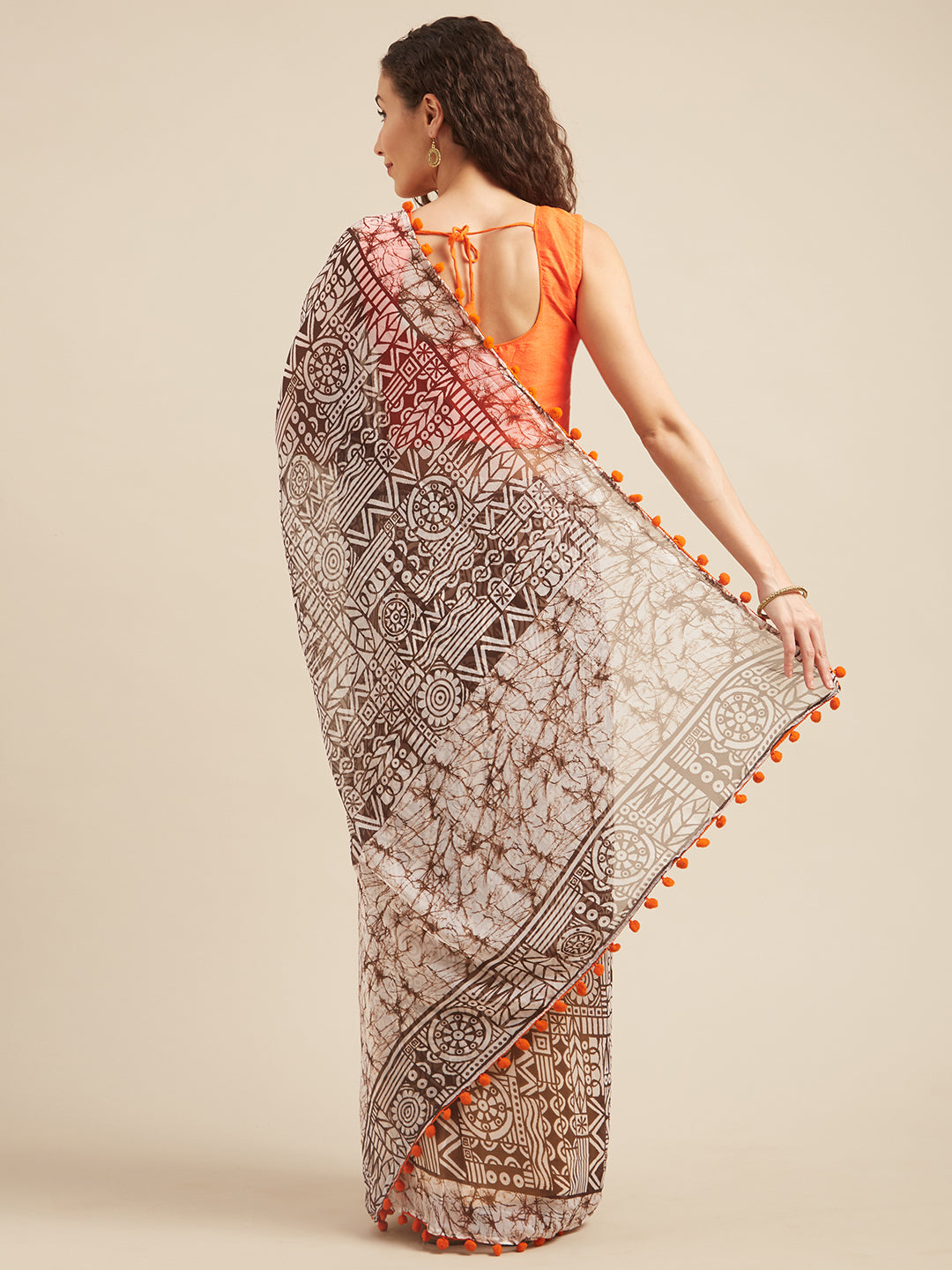 Brown & White Poly Georgette Batik Print Saree With Pom Pom Lace