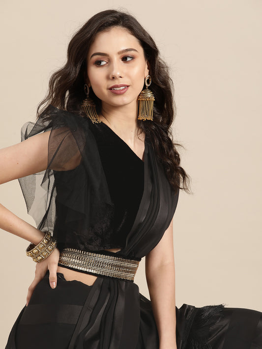 Black Striped Satin Saree With Tassels & Belt