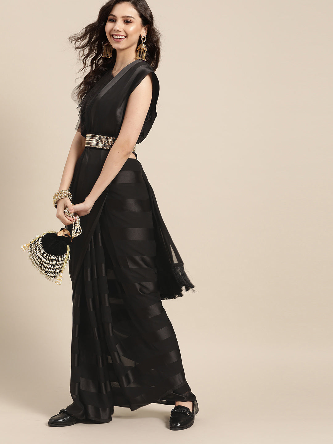 Black Striped Satin Saree With Tassels & Belt