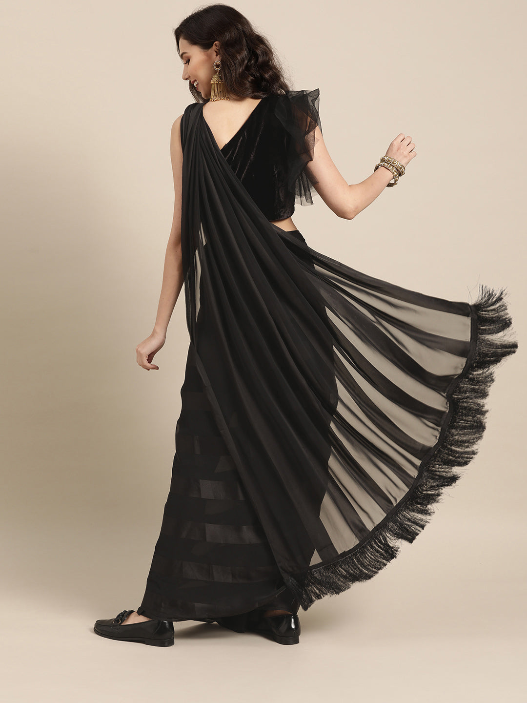 Black Striped Satin Saree With Tassels & Belt