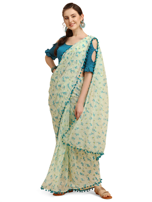 Green Floral Printed Georgette Saree With Pom Pom