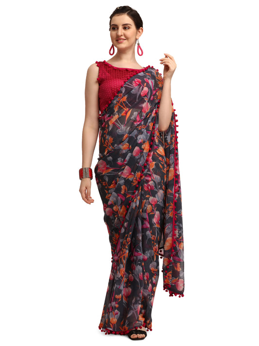 Grey and Pink Floral Printed Poly Georgette Saree with Pom Pom Border