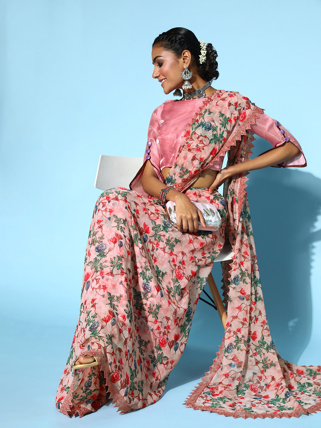 Pink Floral Printed Georgette Saree