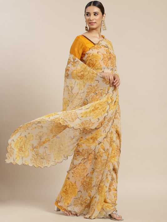 Yellow Floral Printed Poly Georgette Saree