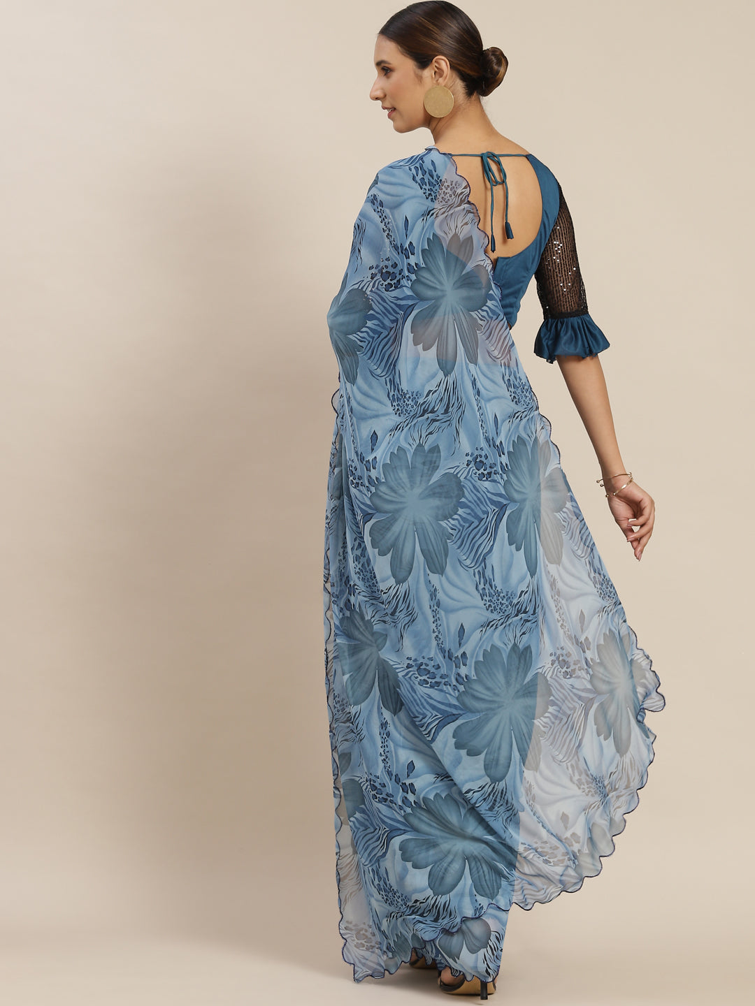 Blue Floral Printed Poly Georgette Saree