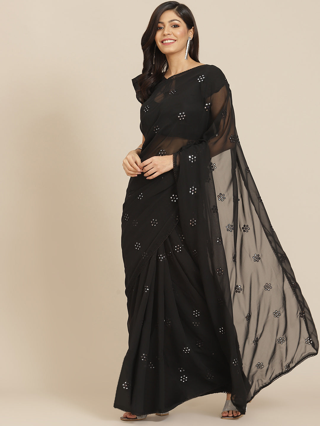 Black Georgette Embroidered Mirror-Work Saree