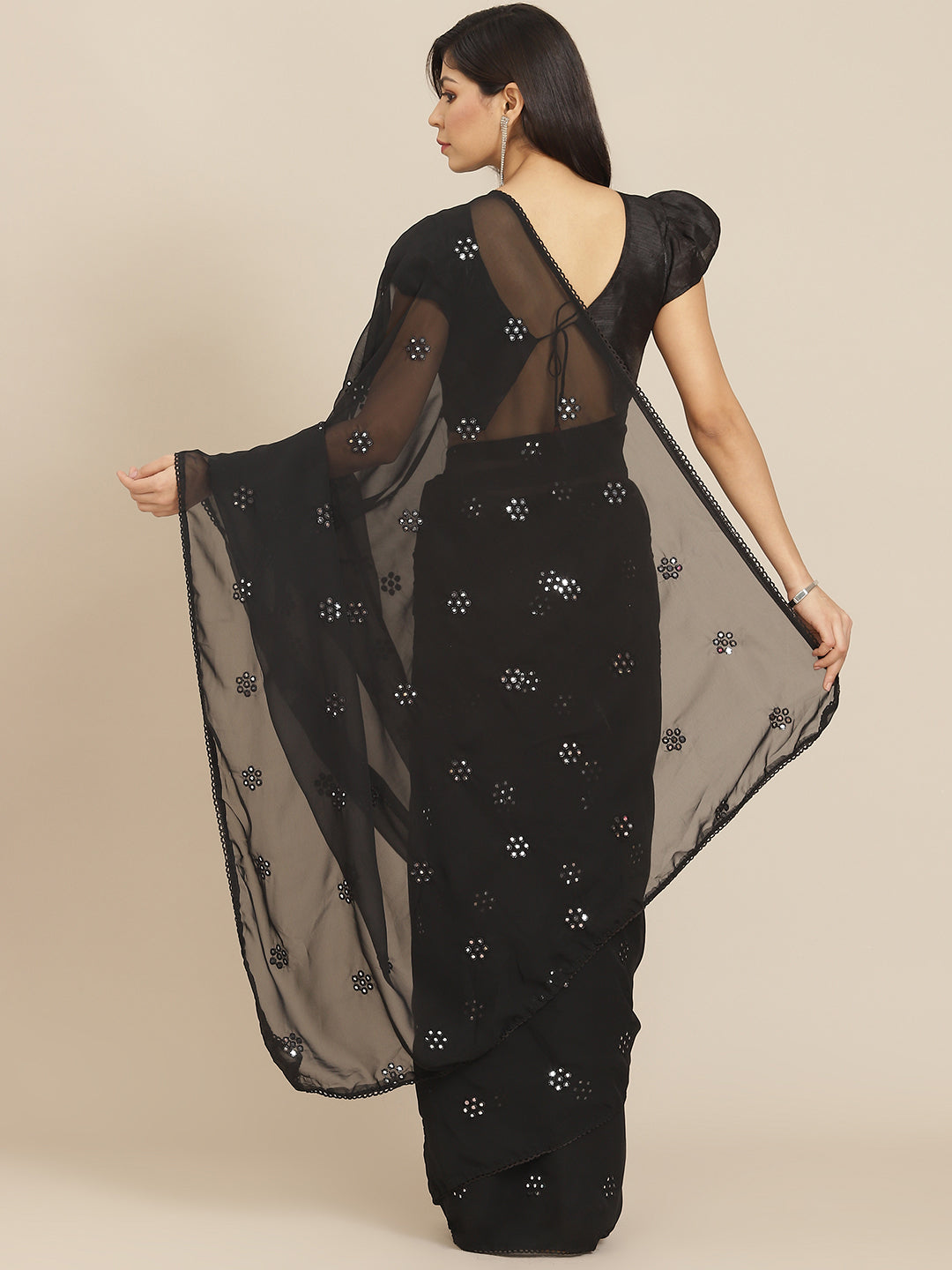 Black Georgette Embroidered Mirror-Work Saree