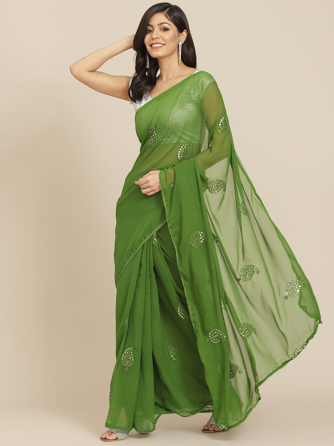 Green Georgette Embroidered Mirror-Work Saree