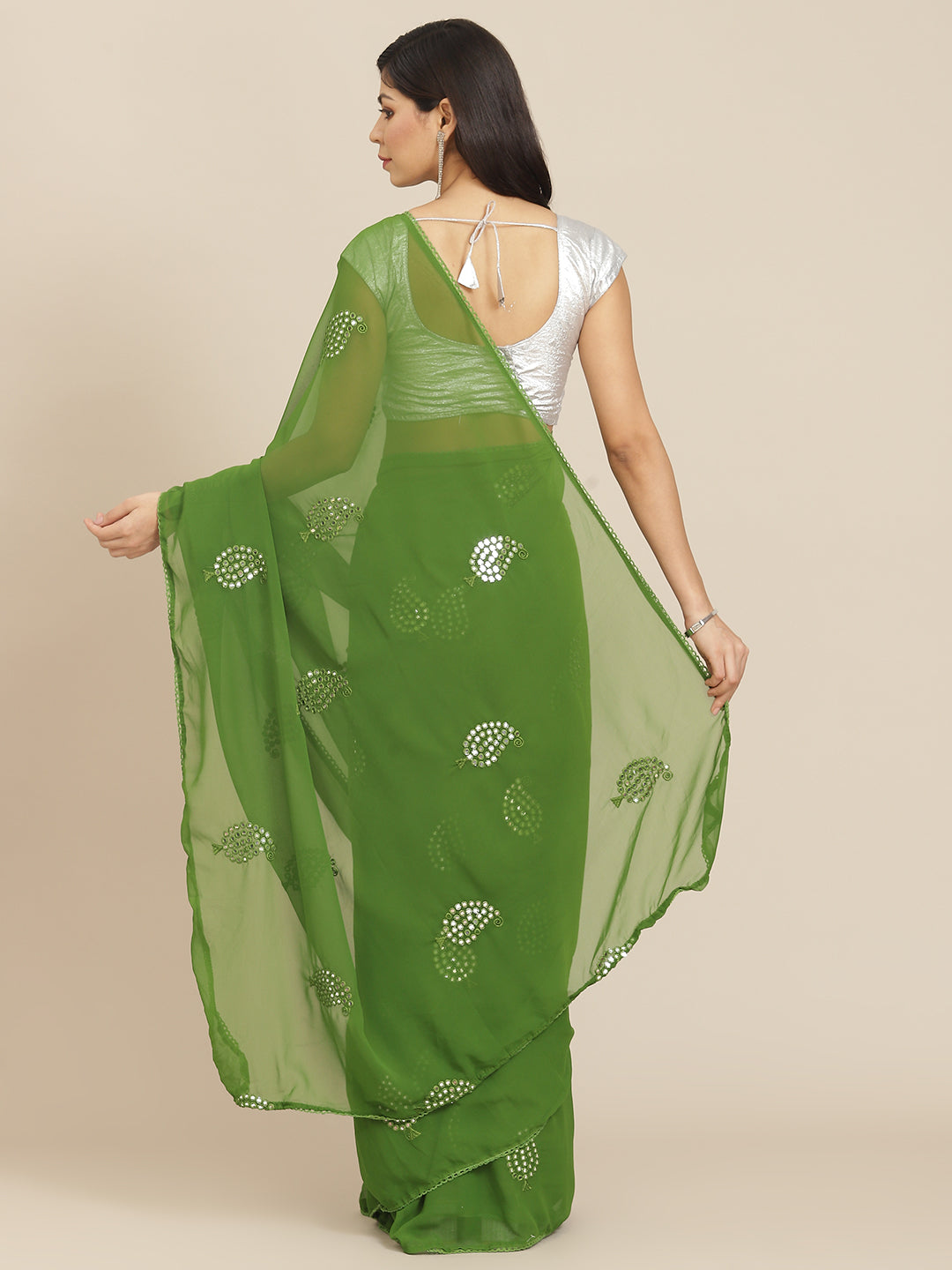 Green Georgette Embroidered Mirror-Work Saree