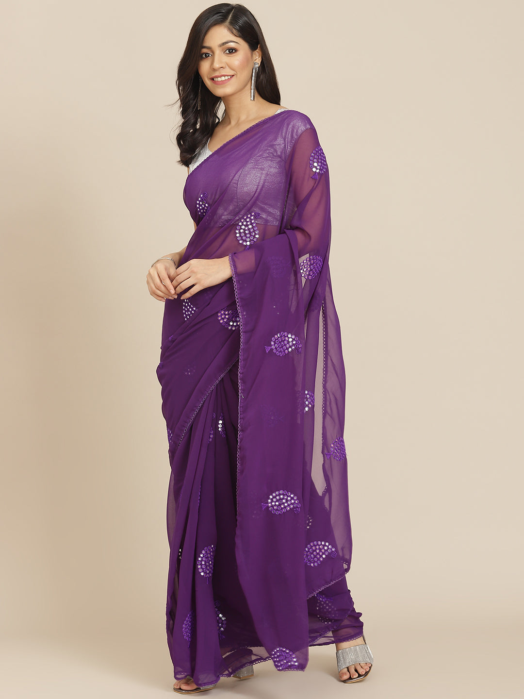 Purple Georgette Embroidered Mirror-Work Saree