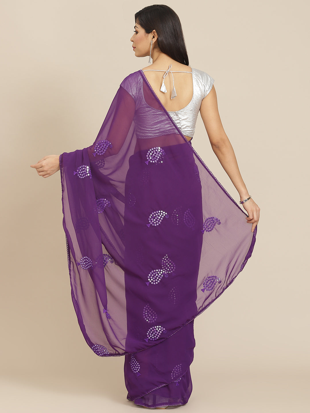 Purple Georgette Embroidered Mirror-Work Saree