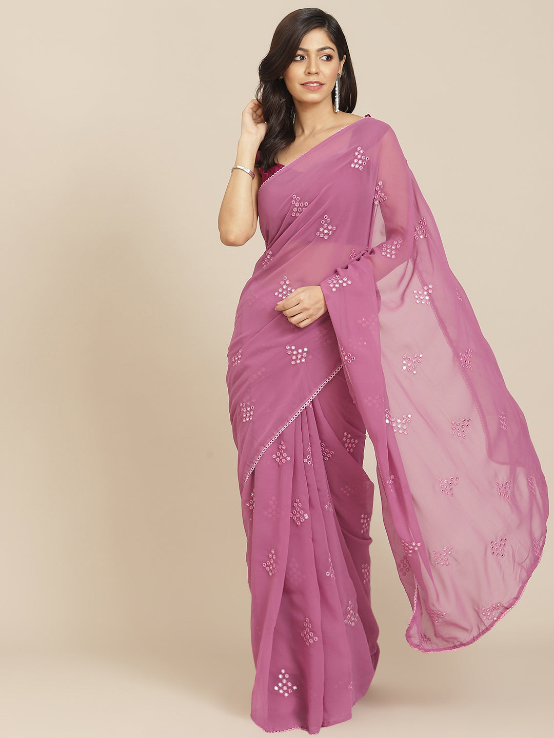 Pink Georgette Embroidered Mirror-Work Saree