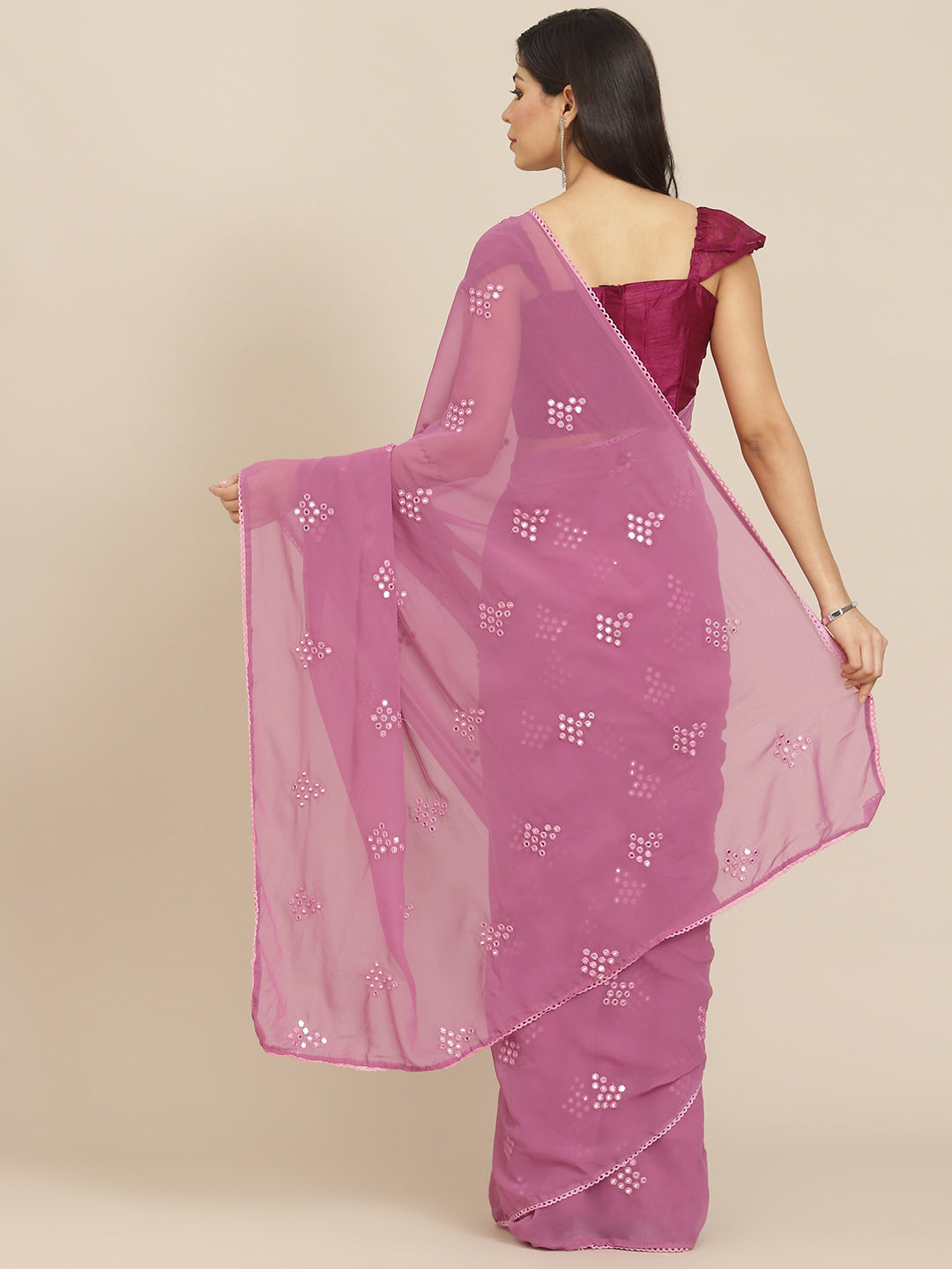 Pink Georgette Embroidered Mirror-Work Saree