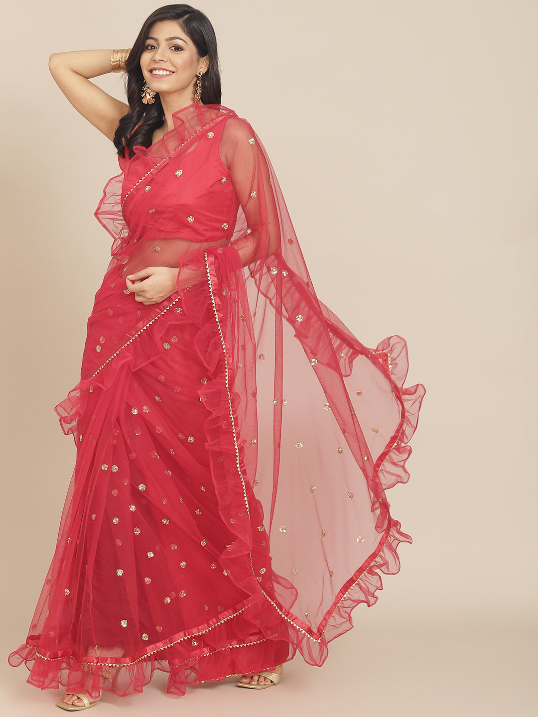 Red Sequins Embellished Ruffle Net Saree