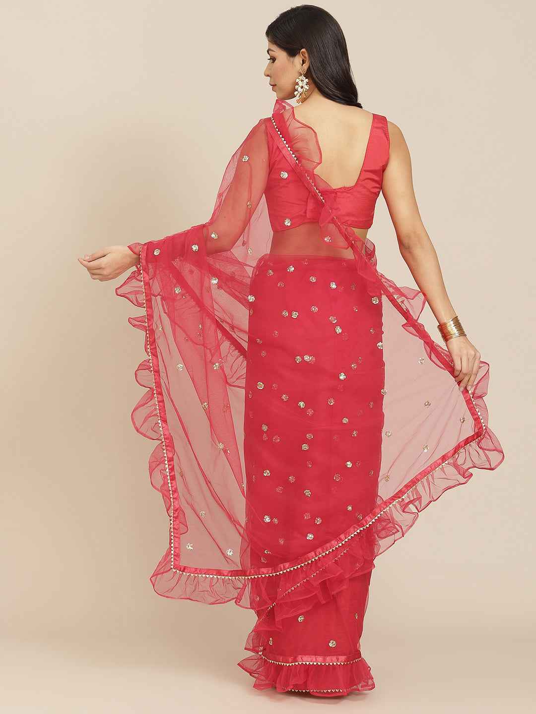 Red Sequins Embellished Ruffle Net Saree