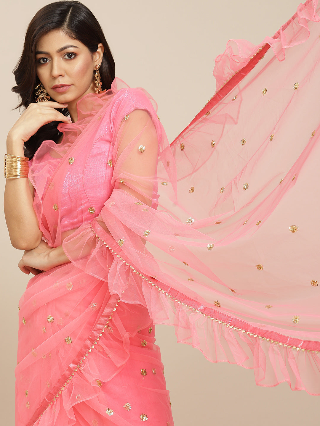 Pink Sequins Embellished Ruffle Net Saree