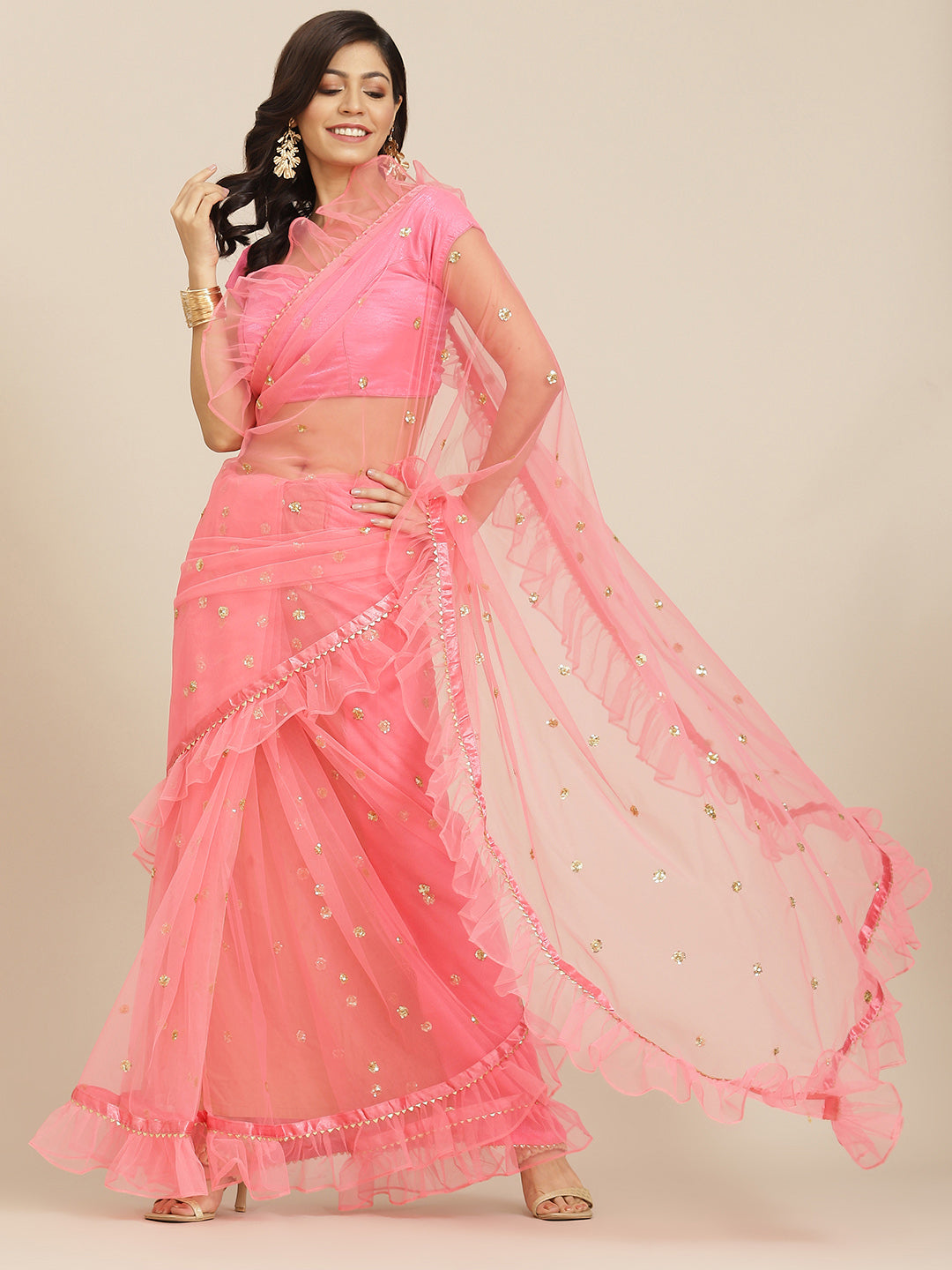 Pink Sequins Embellished Ruffle Net Saree